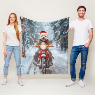 Maltese Dog Riding Motorcycle Christmas Fleece Blanket
