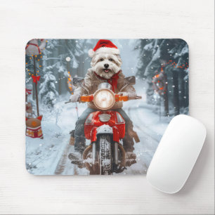 Maltese Dog Riding Motorcycle Christmas Mouse Pad