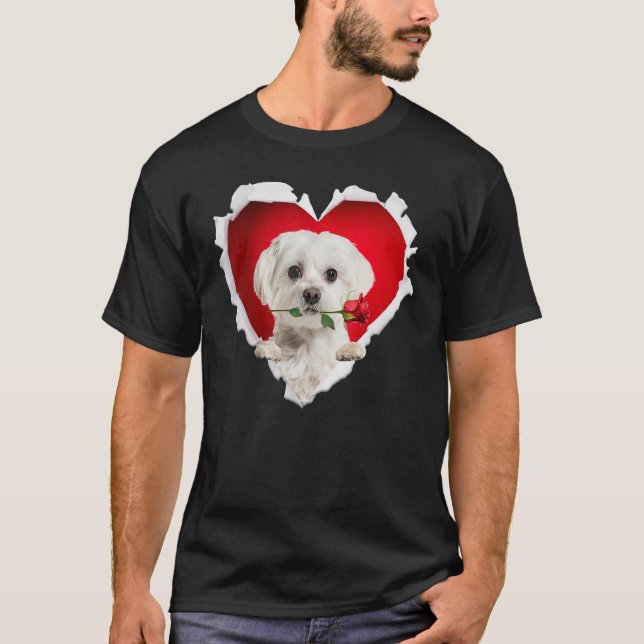 Maltese Dog Rose Heart Valentines Day Couple Men W T-Shirt (Front)