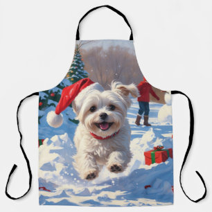 Maltese Dog Running in Snow with Christmas Hat Apron