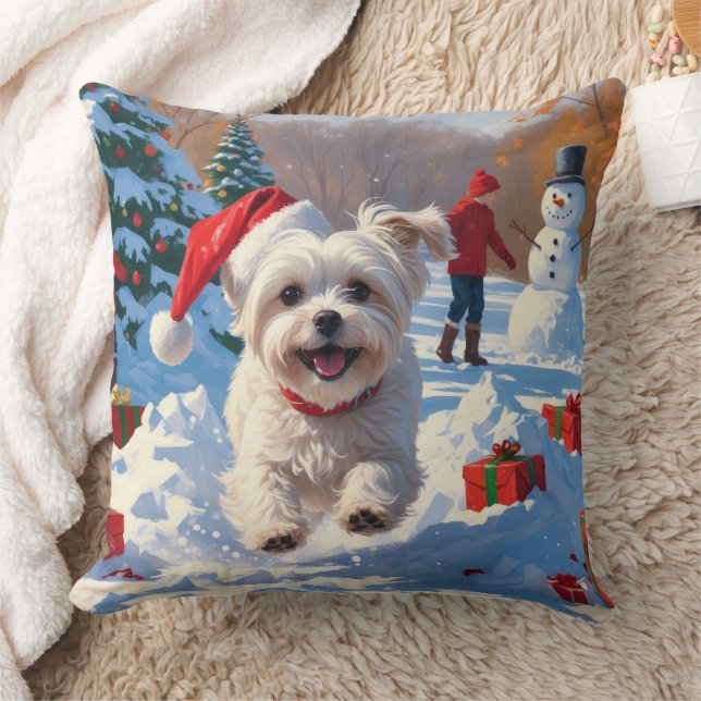 Maltese Dog Running in Snow with Christmas Hat Cushion (Blanket)