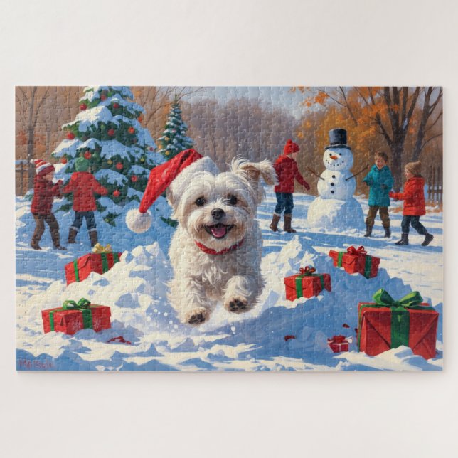 Maltese Dog Running in Snow with Christmas Hat Jigsaw Puzzle (Horizontal)