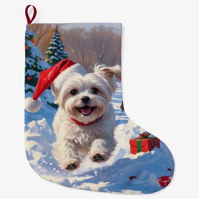 Maltese Dog Running in Snow with Christmas Hat Large Christmas Stocking (Front)