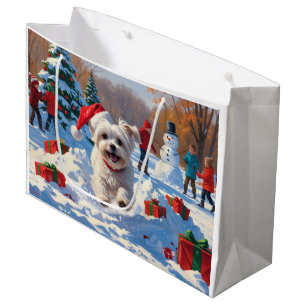 Maltese Dog Running in Snow with Christmas Hat Large Gift Bag