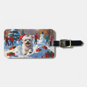 Maltese Dog Running in Snow with Christmas Hat Luggage Tag