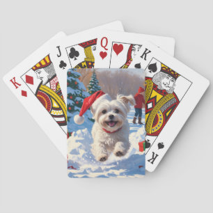 Maltese Dog Running in Snow with Christmas Hat Playing Cards