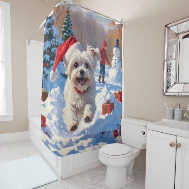Maltese Dog Running in Snow with Christmas Hat Shower Curtain (In Situ)