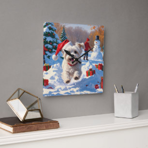 Maltese Dog Running in Snow with Christmas Hat Square Wall Clock