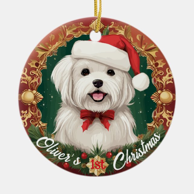 Maltese Dog’s First Christmas Ceramic Ornament (Front)