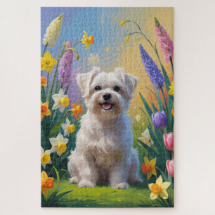 Maltese Dog Spring Flowers Painting Jigsaw Puzzle