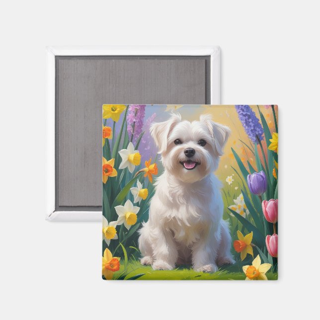 Maltese Dog Spring Flowers Painting Magnet (Front/Back)