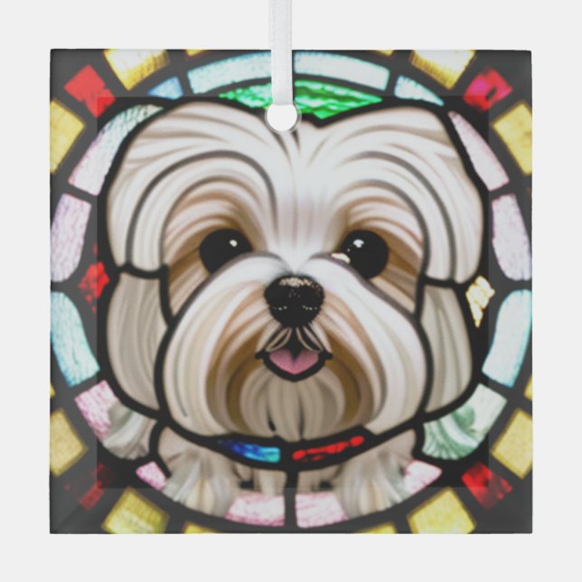 Maltese Dog "Stained Glass"  Glass Tree Decoration (Front)