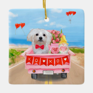Maltese Dog Valentine's Day Truck Ceramic Ornament
