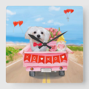 Maltese Dog Valentine's Day Truck Square Wall Clock