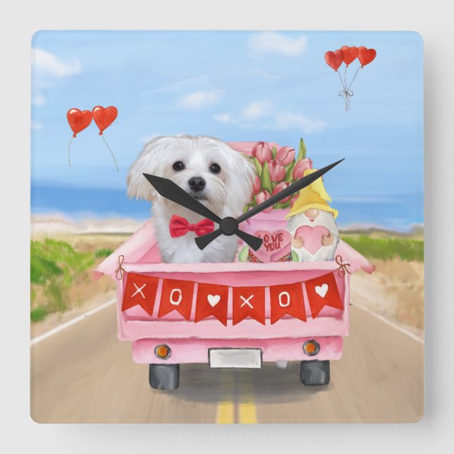 Maltese Dog Valentine's Day Truck Square Wall Clock (Front)