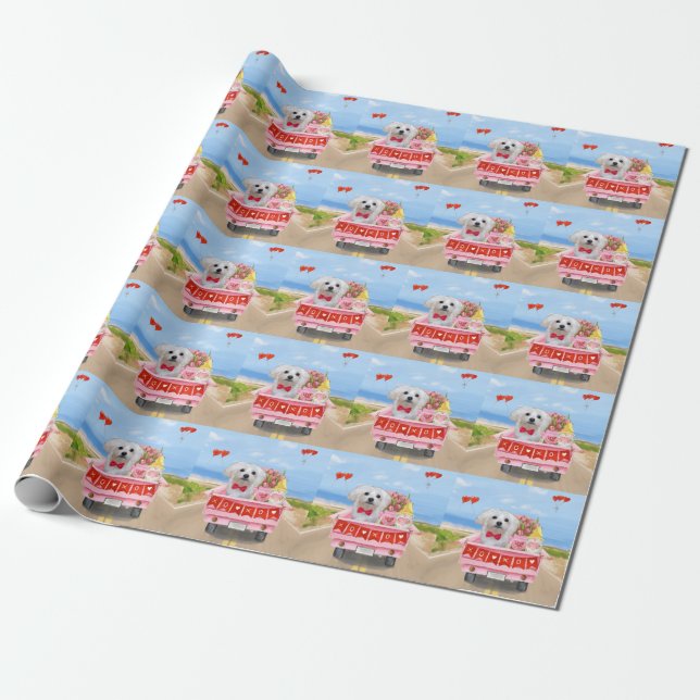 Maltese Dog Valentine's Day Truck  Wrapping Paper (Unrolled)