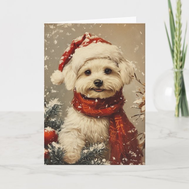 Maltese dog vintage personalised Christmas  Holiday Card (Front)