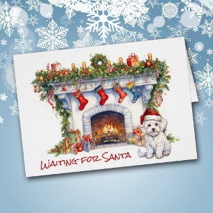 Maltese Dog Wait for Santa Christmas Fireplace