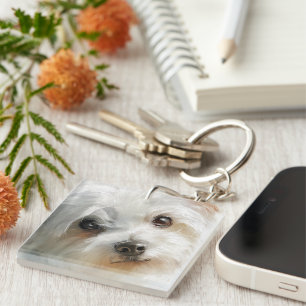 Maltese dog watercolor portrait key ring
