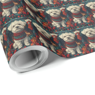 Maltese Dog With Christmas Gifts Fireplace Wrapping Paper