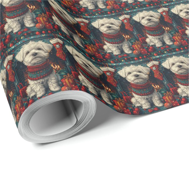 Maltese Dog With Christmas Gifts Fireplace Wrapping Paper (Roll Corner)