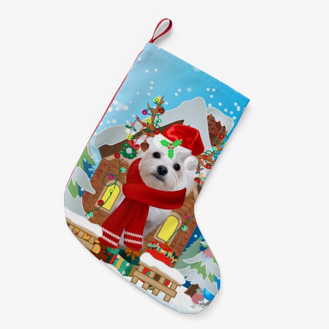 Maltese dog with Christmas gifts Small Christmas Stocking (Front (Hanging))