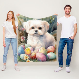 Maltese Dog with Easter Eggs Holiday Fleece Blanket