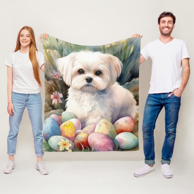 Maltese Dog with Easter Eggs Holiday  Fleece Blanket (In Situ)