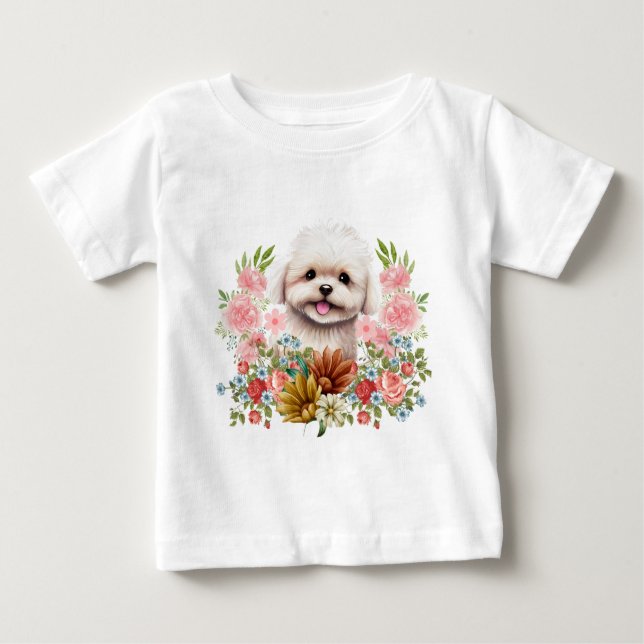 Maltese Dog with Flowers, Cute Maltese Puppy Baby T-Shirt (Front)