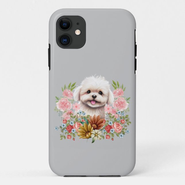 Maltese Dog with Flowers, Cute Maltese Puppy Case-Mate iPhone Case (Back)
