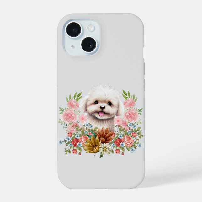 Maltese Dog with Flowers, Cute Maltese Puppy iPhone 15 Case (Back)