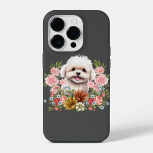 Maltese Dog with Flowers, Cute Maltese Puppy iPhone 14 Pro Case
