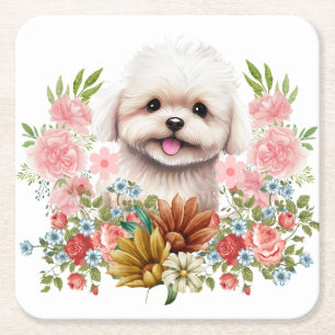 Maltese Dog with Flowers, Cute Maltese Puppy Square Paper Coaster