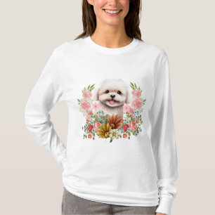 Maltese Dog with Flowers, Cute Maltese Puppy T-Shirt