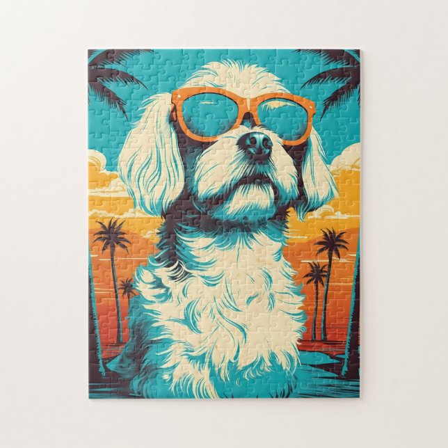 Maltese dog with sunglasses at the beach jigsaw puzzle (Vertical)