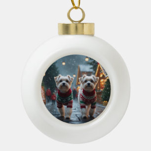Maltese Dogs Christmas Snow Holiday Ceramic Ball Christmas Ornament
