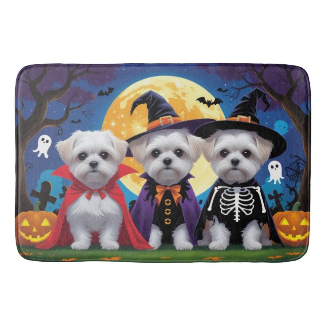 Maltese Dogs Pumpkin Halloween Funny Bath Mat (Front)