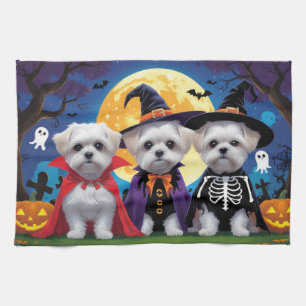 Maltese Dogs Pumpkin Halloween Funny Tea Towel