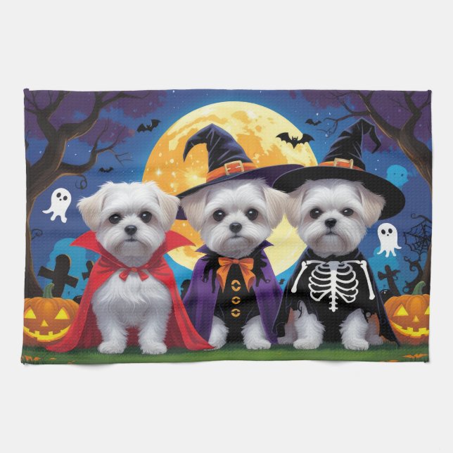 Maltese Dogs Pumpkin Halloween Funny Tea Towel (Horizontal)