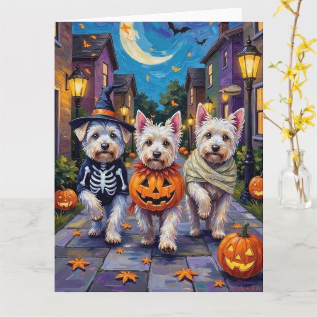 Maltese Dogs Trick-or-Treating Halloween Costumes Card (Yellow Flower)