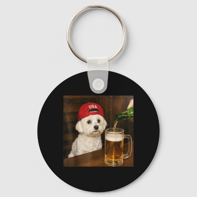 Maltese Drinking Beer Dog Lovers Funny Graphic Key Ring (Front)