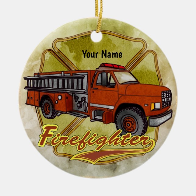 Maltese firetruck firefighter ceramic ornament (Front)