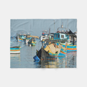 Maltese Fishing Boats Marsaxlokk In Malta Fleece Blanket