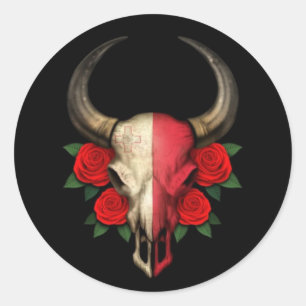 Maltese Flag Bull Skull with Red Roses Classic Round Sticker