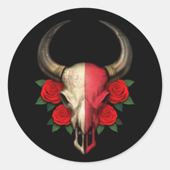 Maltese Flag Bull Skull with Red Roses Classic Round Sticker (Front)