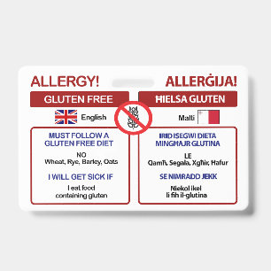 MALTESE Gluten Free Travel Card   Allergy Badge ID Badge