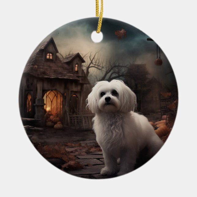 Maltese Halloween Scary Ceramic Ornament (Front)