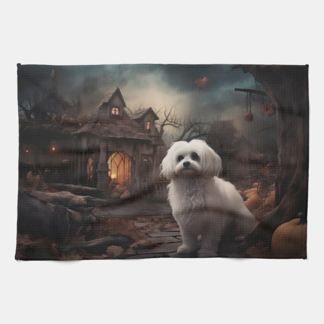 Maltese Halloween Scary Tea Towel (Horizontal)