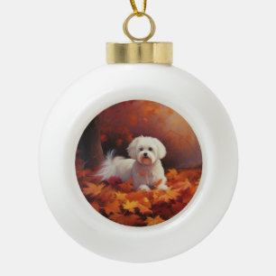 Maltese in Autumn Leaves Fall Inspire  Ceramic Ball Christmas Ornament