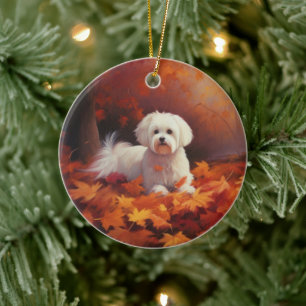Maltese in Autumn Leaves Fall Inspire  Ceramic Ornament
